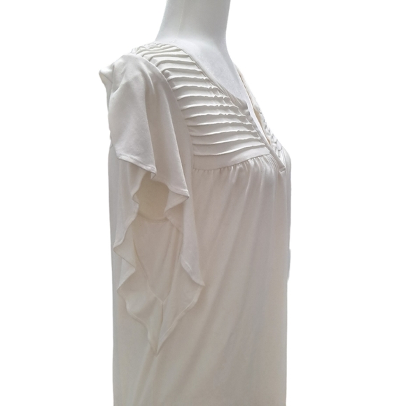 Anthropologie Meadow Rue White Pintuck Detail Notched V-Neck Flutter Sleeve Top - Picture 3 of 7